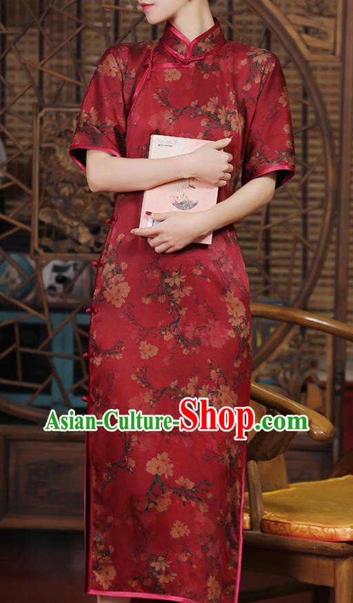 Chinese Traditional Shanghai Silk Cheongsam Clothing Classical Red Gambiered Guangdong Gauze Qipao Dress