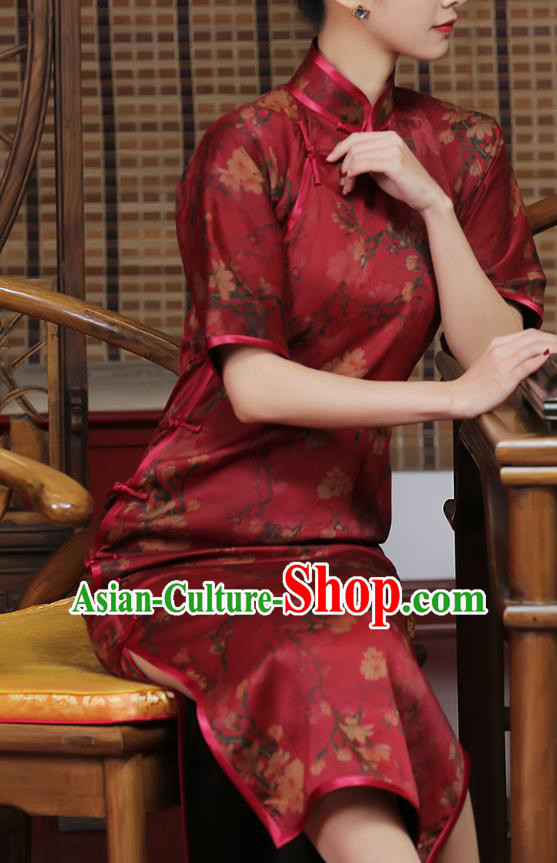 Chinese Traditional Shanghai Silk Cheongsam Clothing Classical Red Gambiered Guangdong Gauze Qipao Dress