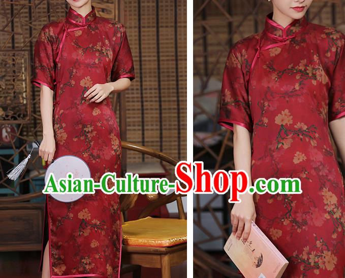 Chinese Traditional Shanghai Silk Cheongsam Clothing Classical Red Gambiered Guangdong Gauze Qipao Dress