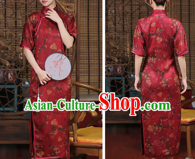 Chinese Traditional Shanghai Silk Cheongsam Clothing Classical Red Gambiered Guangdong Gauze Qipao Dress