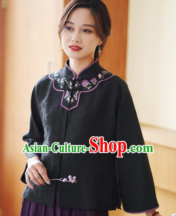 China National Embroidered Upper Outer Garment Traditional Tang Suit Black Silk Jacket