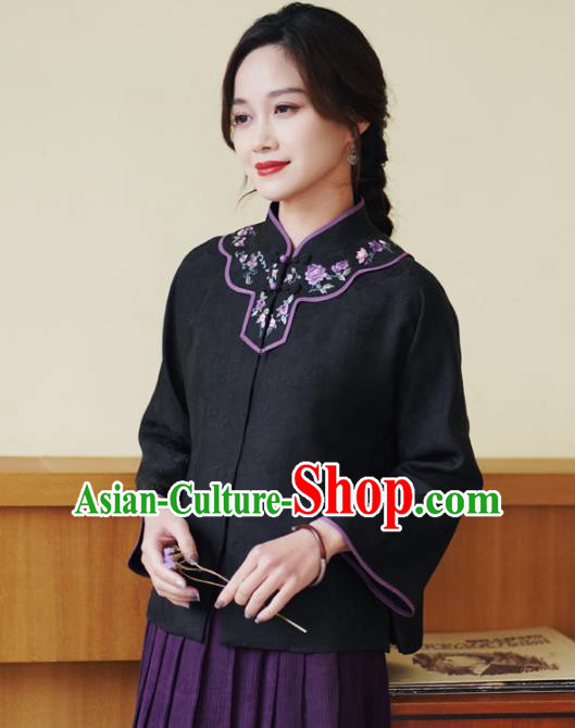 China National Embroidered Upper Outer Garment Traditional Tang Suit Black Silk Jacket