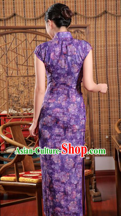 Chinese Classical Purple Flax Qipao Dress Traditional Shanghai Young Woman Cheongsam Clothing