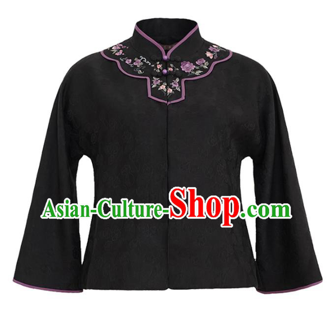 China National Embroidered Upper Outer Garment Traditional Tang Suit Black Silk Jacket