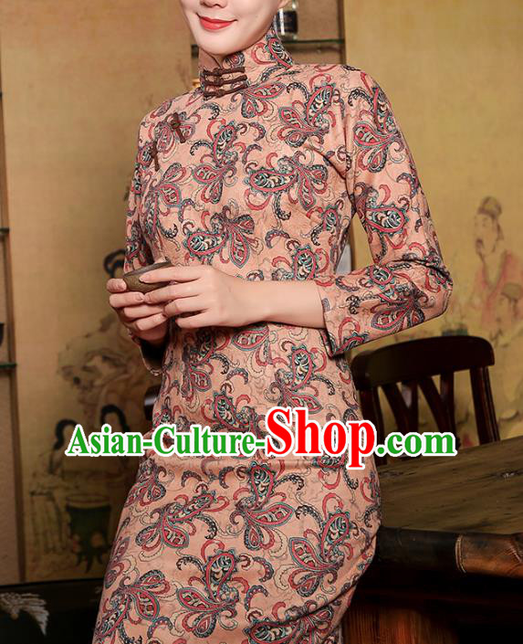 Chinese Classical Apricot Suede Qipao Dress Traditional Clothing Modern Dance Cheongsam