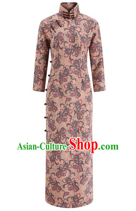 Chinese Classical Apricot Suede Qipao Dress Traditional Clothing Modern Dance Cheongsam