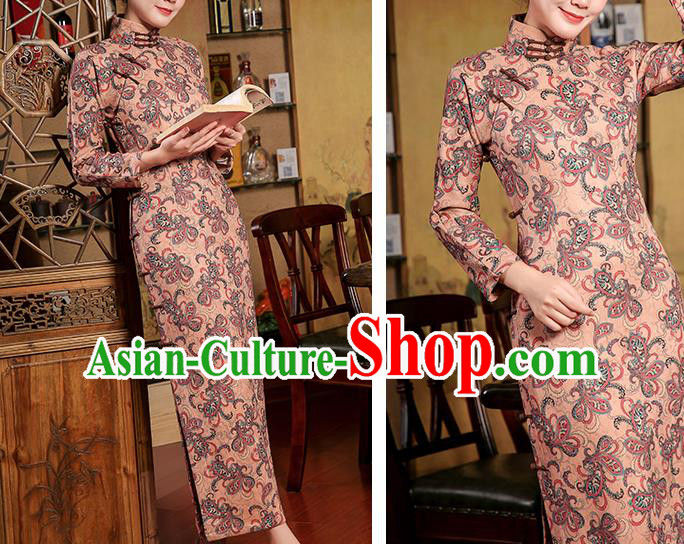 Chinese Classical Apricot Suede Qipao Dress Traditional Clothing Modern Dance Cheongsam