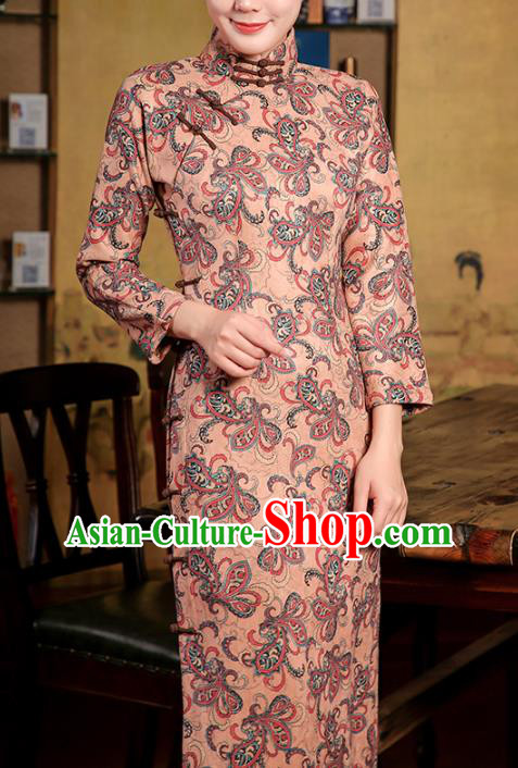 Chinese Classical Apricot Suede Qipao Dress Traditional Clothing Modern Dance Cheongsam