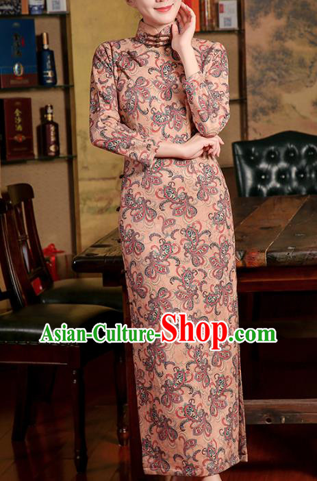 Chinese Classical Apricot Suede Qipao Dress Traditional Clothing Modern Dance Cheongsam
