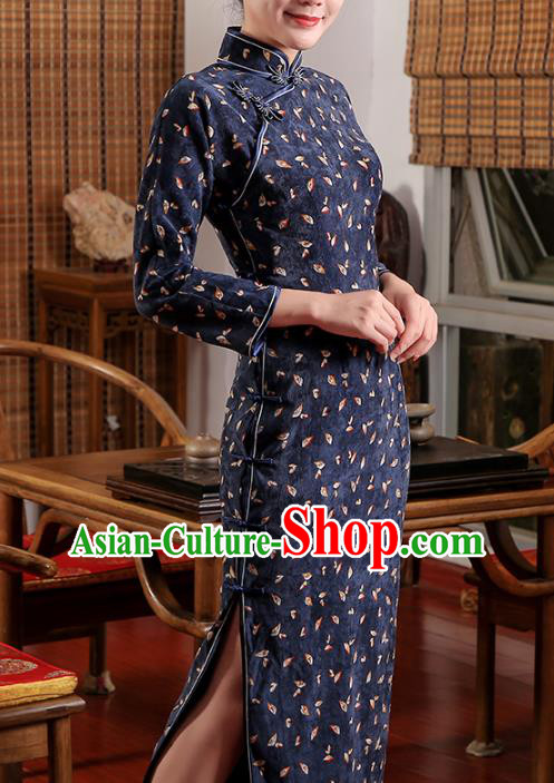 Chinese Traditional Clothing Classical Dance Cheongsam Classical Navy Corduroy Qipao Dress