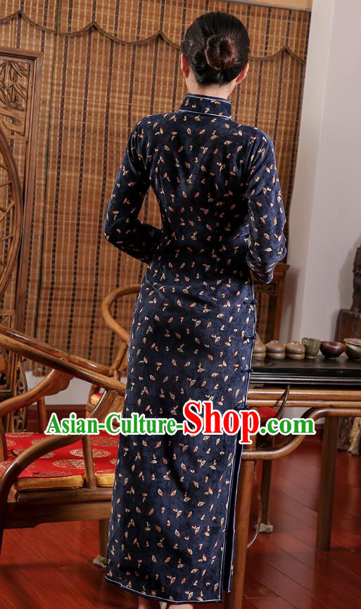 Chinese Traditional Clothing Classical Dance Cheongsam Classical Navy Corduroy Qipao Dress