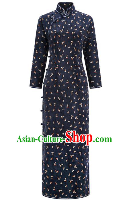 Chinese Traditional Clothing Classical Dance Cheongsam Classical Navy Corduroy Qipao Dress