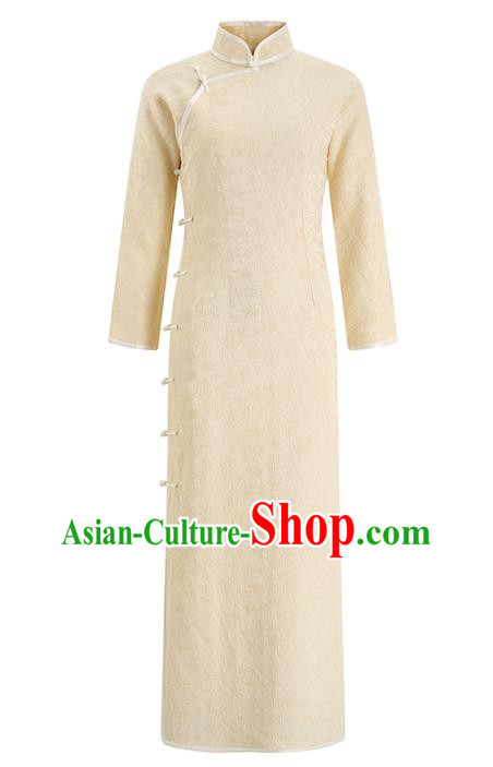 Chinese Classical Champagne Cheongsam Traditional Old Shanghai Qipao Dress Clothing