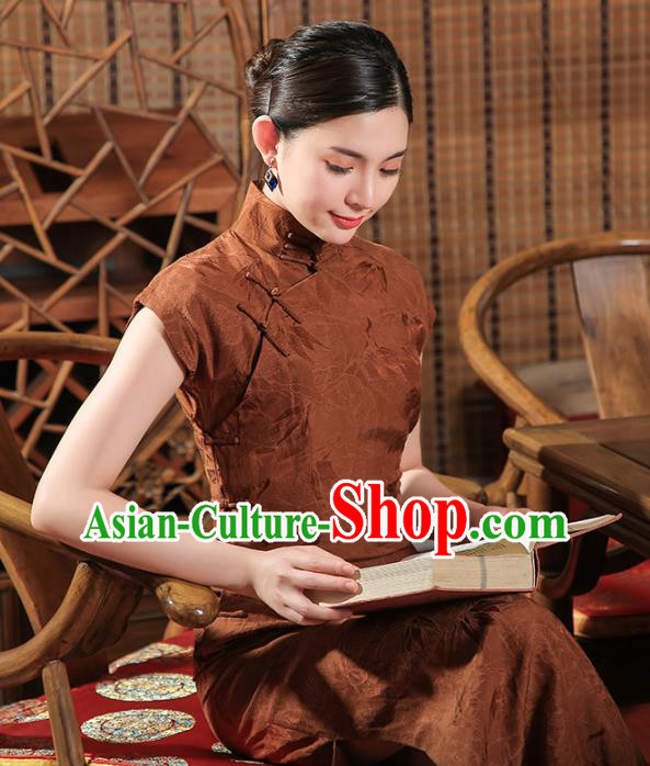 Chinese Classical Brown Tencel Cheongsam Traditional Shanghai Young Beauty Qipao Dress Clothing