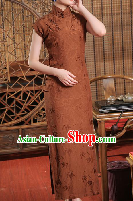 Chinese Classical Brown Tencel Cheongsam Traditional Shanghai Young Beauty Qipao Dress Clothing