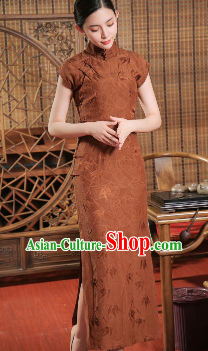 Chinese Classical Brown Tencel Cheongsam Traditional Shanghai Young Beauty Qipao Dress Clothing