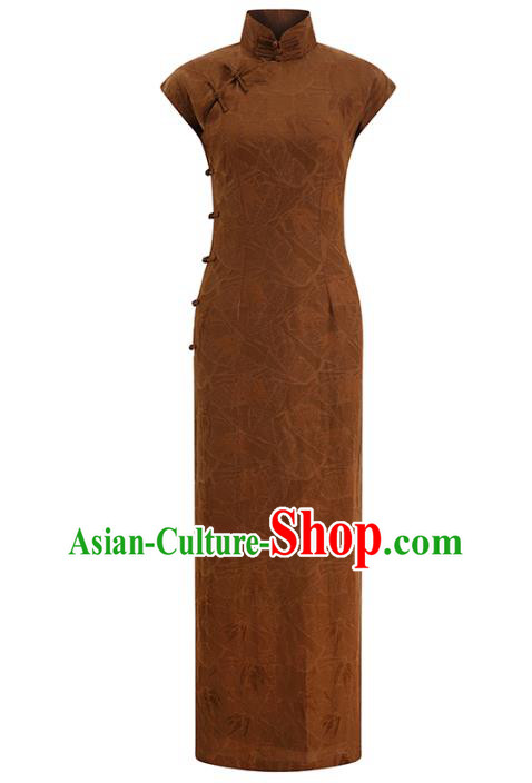 Chinese Classical Brown Tencel Cheongsam Traditional Shanghai Young Beauty Qipao Dress Clothing