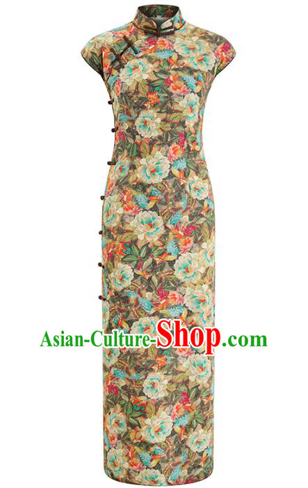 Chinese Traditional Printing Peony Flax Qipao Dress Clothing Classical Slant Opening Cheongsam