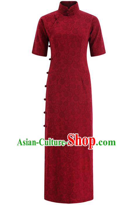Chinese Classical Jacquard Cheongsam Catwalks Clothing Traditional Wine Red Flax Qipao Dress