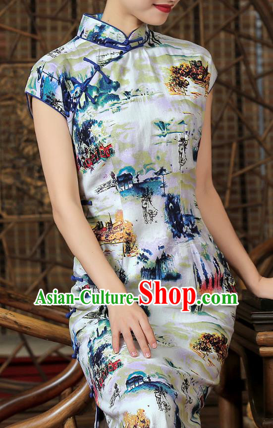 Chinese Traditional Printing Landscape Cheongsam Clothing Classical White Flax Qipao Dress