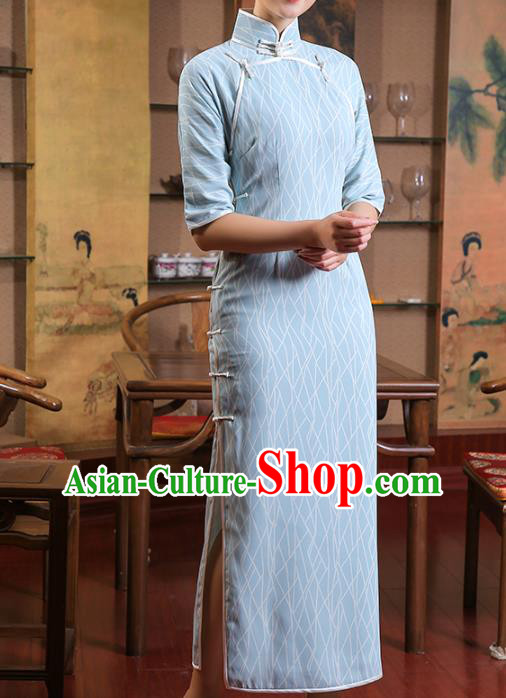 Chinese Traditional Light Blue Qipao Dress Classical Cheongsam Old Shanghai Woman Clothing