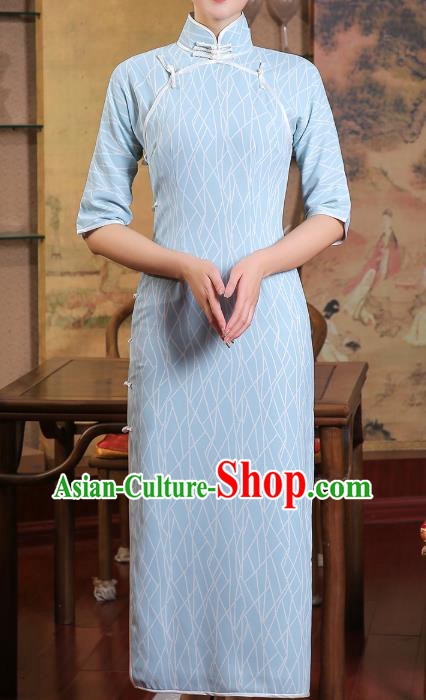Chinese Traditional Light Blue Qipao Dress Classical Cheongsam Old Shanghai Woman Clothing