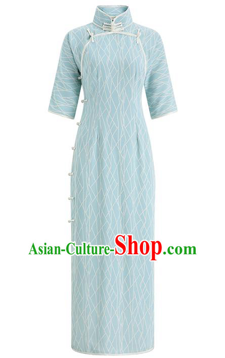 Chinese Traditional Light Blue Qipao Dress Classical Cheongsam Old Shanghai Woman Clothing