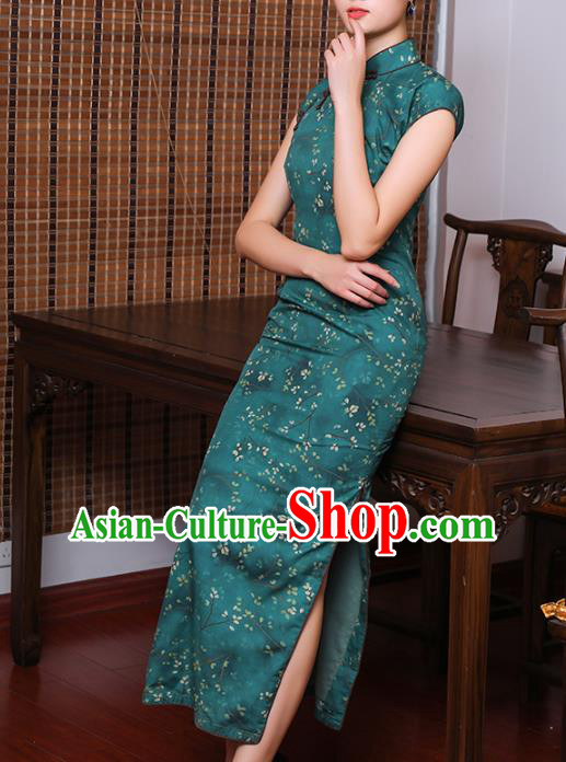 Chinese Classical Cheongsam Old Shanghai Woman Clothing Traditional Printing Deep Green Ramie Qipao Dress