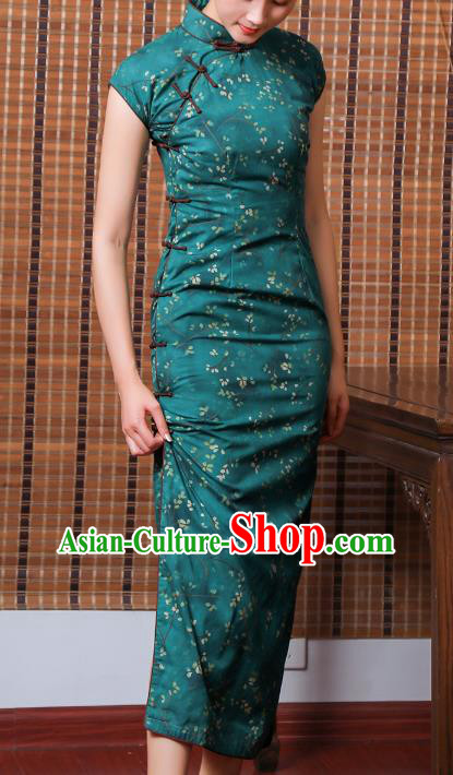 Chinese Classical Cheongsam Old Shanghai Woman Clothing Traditional Printing Deep Green Ramie Qipao Dress
