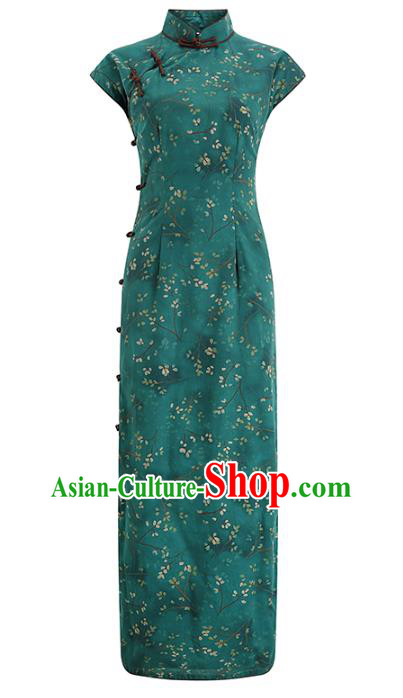 Chinese Classical Cheongsam Old Shanghai Woman Clothing Traditional Printing Deep Green Ramie Qipao Dress