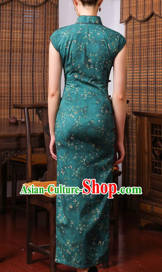 Chinese Classical Cheongsam Old Shanghai Woman Clothing Traditional Printing Deep Green Ramie Qipao Dress