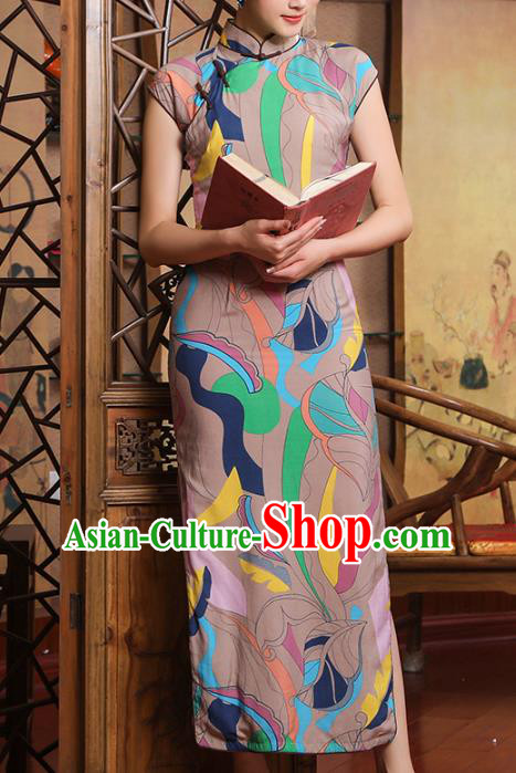 Chinese Traditional Printing Light Brown Qipao Dress Old Shanghai Woman Clothing Classical Cheongsam
