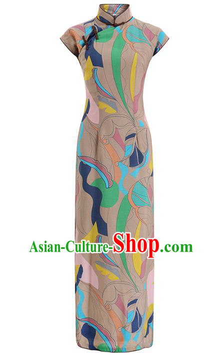 Chinese Traditional Printing Light Brown Qipao Dress Old Shanghai Woman Clothing Classical Cheongsam