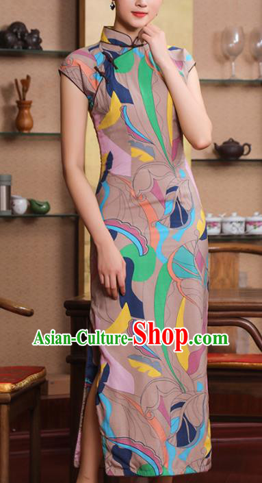 Chinese Traditional Printing Light Brown Qipao Dress Old Shanghai Woman Clothing Classical Cheongsam