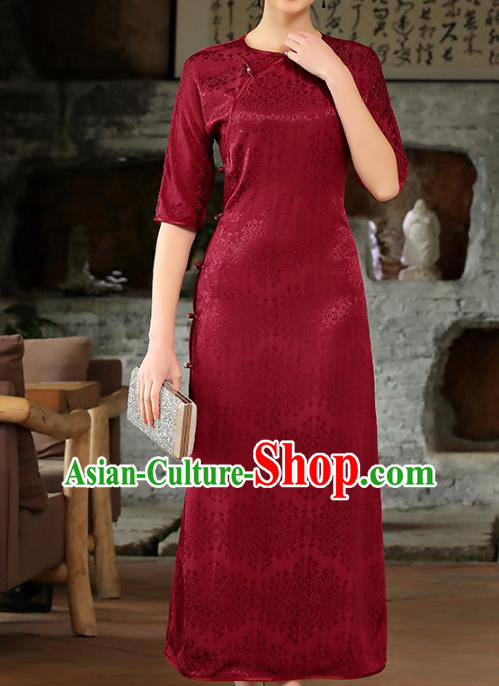 Chinese Woman Catwalks Clothing Classical Slant Opening Cheongsam Traditional Wine Red Tencel Qipao Dress