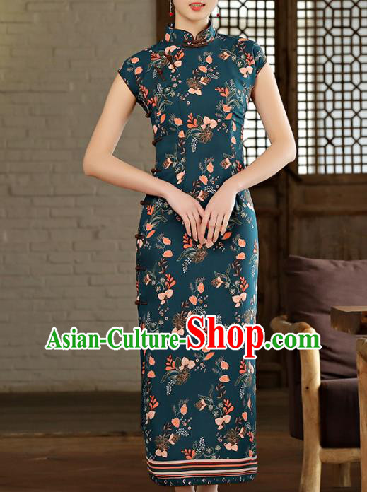 Chinese Classical Printing Atrovirens Chiffon Cheongsam Traditional Slant Opening Qipao Dress Woman Catwalks Clothing