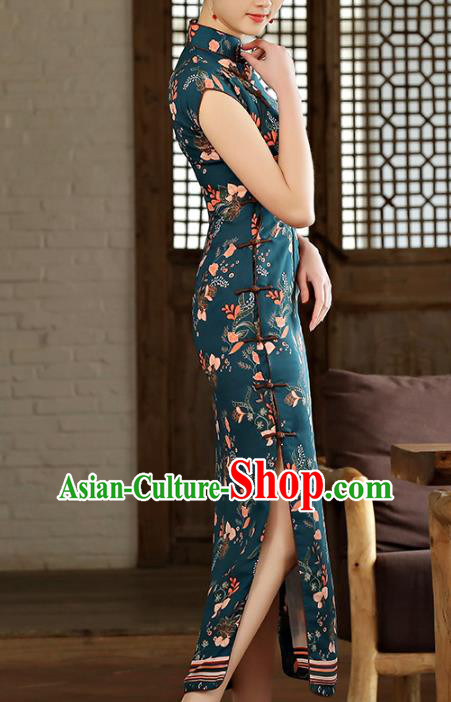 Chinese Classical Printing Atrovirens Chiffon Cheongsam Traditional Slant Opening Qipao Dress Woman Catwalks Clothing