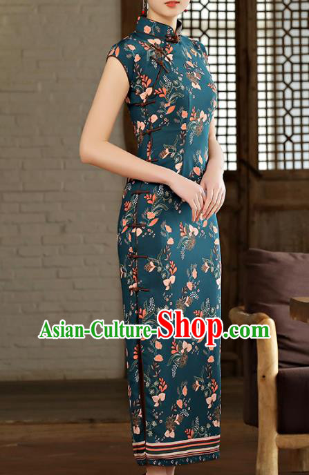 Chinese Classical Printing Atrovirens Chiffon Cheongsam Traditional Slant Opening Qipao Dress Woman Catwalks Clothing