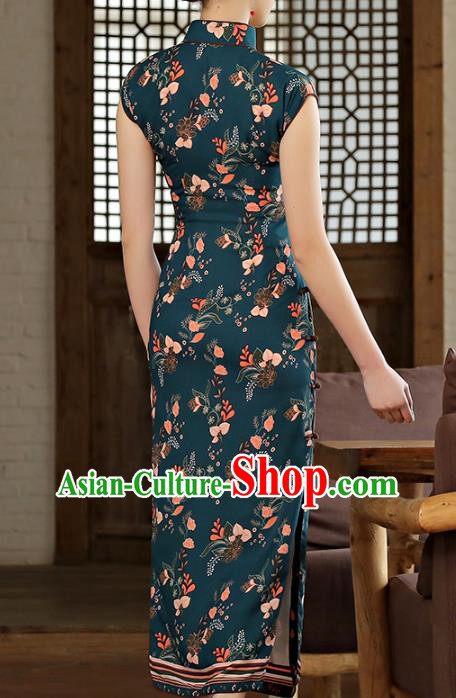 Chinese Classical Printing Atrovirens Chiffon Cheongsam Traditional Slant Opening Qipao Dress Woman Catwalks Clothing