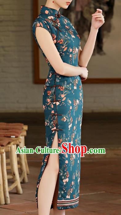 Chinese Classical Printing Atrovirens Chiffon Cheongsam Traditional Slant Opening Qipao Dress Woman Catwalks Clothing