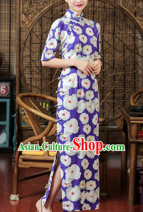 Chinese Classical Purple Flax Qipao Dress Traditional Printing Flowers Cheongsam Clothing