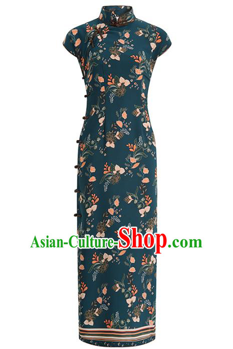 Chinese Classical Printing Atrovirens Chiffon Cheongsam Traditional Slant Opening Qipao Dress Woman Catwalks Clothing