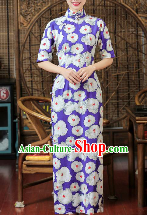 Chinese Classical Purple Flax Qipao Dress Traditional Printing Flowers Cheongsam Clothing