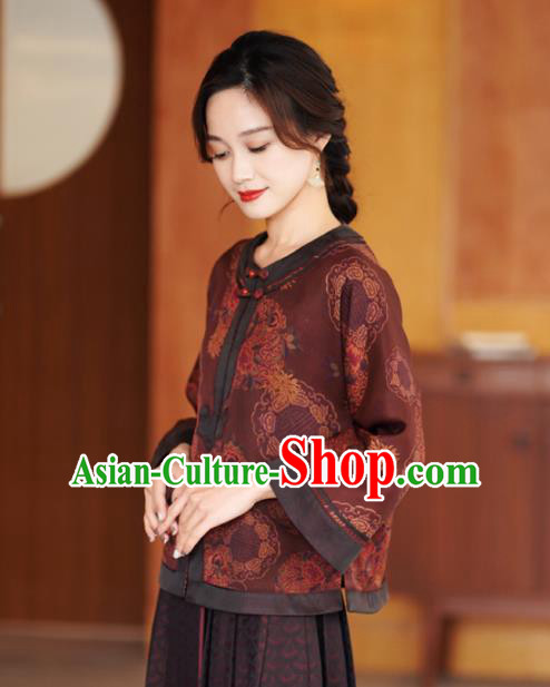 China Traditional Tang Suit Drak Red Silk Jacket National Gambiered Guangdong Gauze Outer Garment