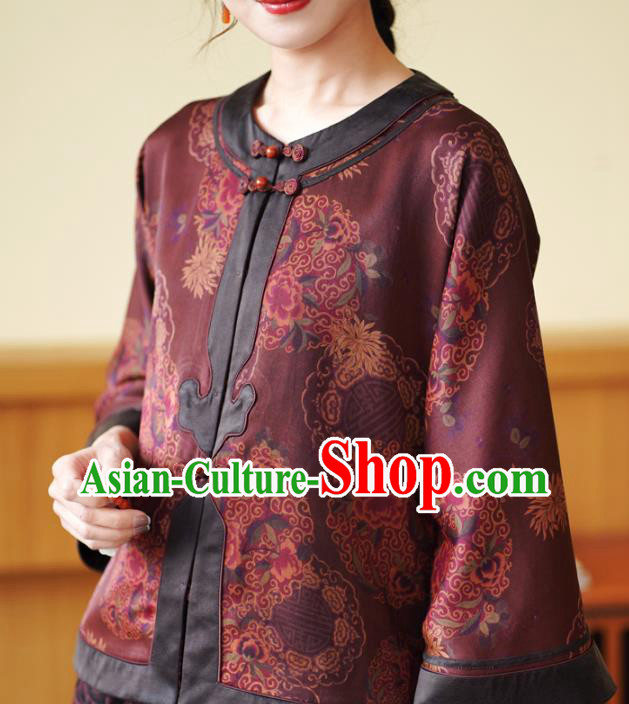 China Traditional Tang Suit Drak Red Silk Jacket National Gambiered Guangdong Gauze Outer Garment