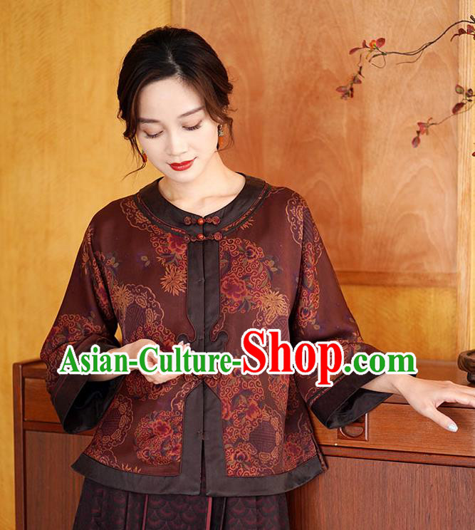 China Traditional Tang Suit Drak Red Silk Jacket National Gambiered Guangdong Gauze Outer Garment