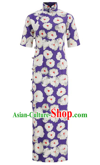 Chinese Classical Purple Flax Qipao Dress Traditional Printing Flowers Cheongsam Clothing