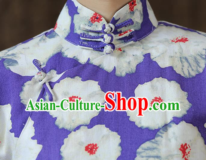 Chinese Classical Purple Flax Qipao Dress Traditional Printing Flowers Cheongsam Clothing