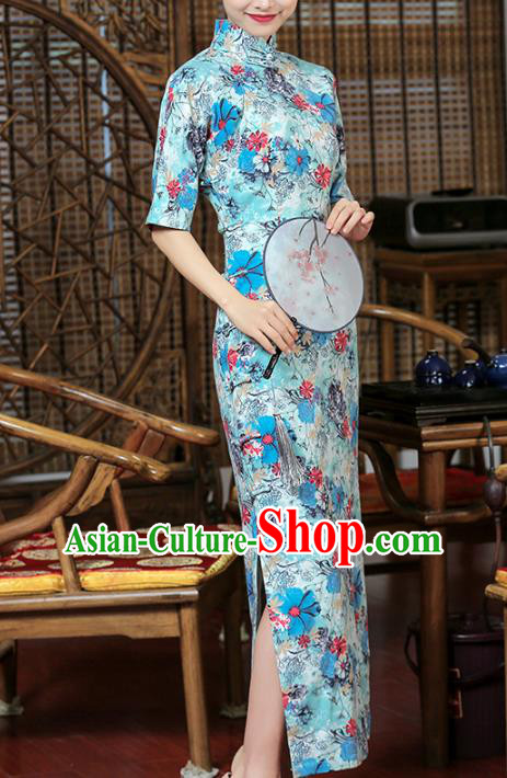 Chinese Traditional Printing Flowers Cheongsam Clothing Classical Light Blue Flax Qipao Dress