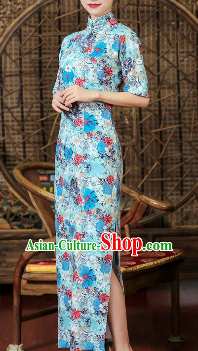 Chinese Traditional Printing Flowers Cheongsam Clothing Classical Light Blue Flax Qipao Dress